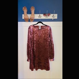 Rose colored velvet puff sleeve dress